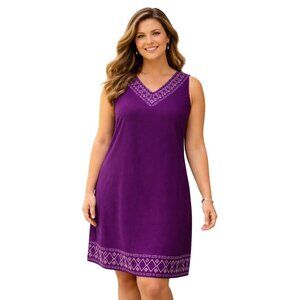 Jaclyn Smith Purple Linen Blend Embroidered Hem Sleeveless Shift Dress XL